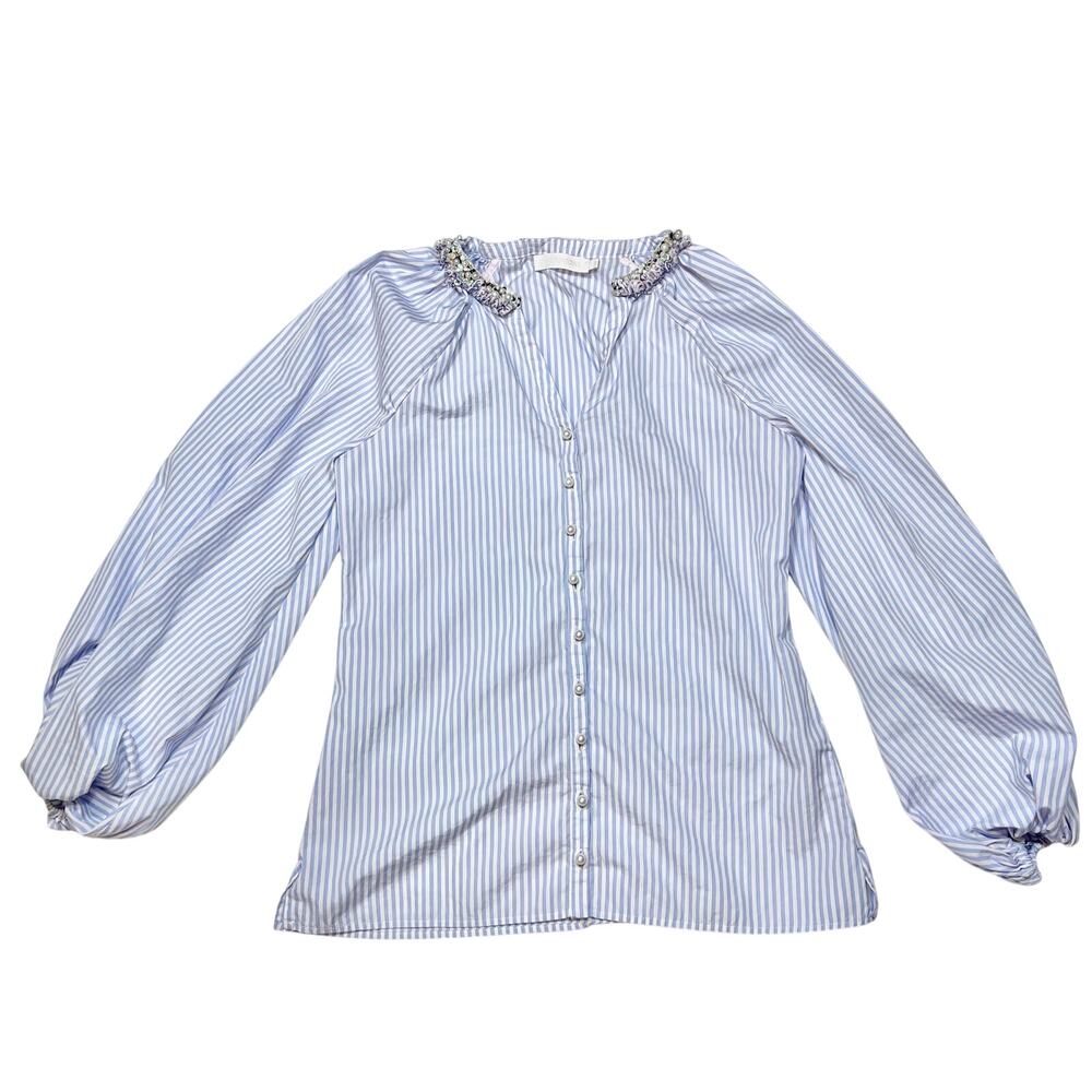 Anne Fontaine Aix Shirt Pearl Neck Size 38 Blue White Pinstripe Button Down - Picture 3 of 12
